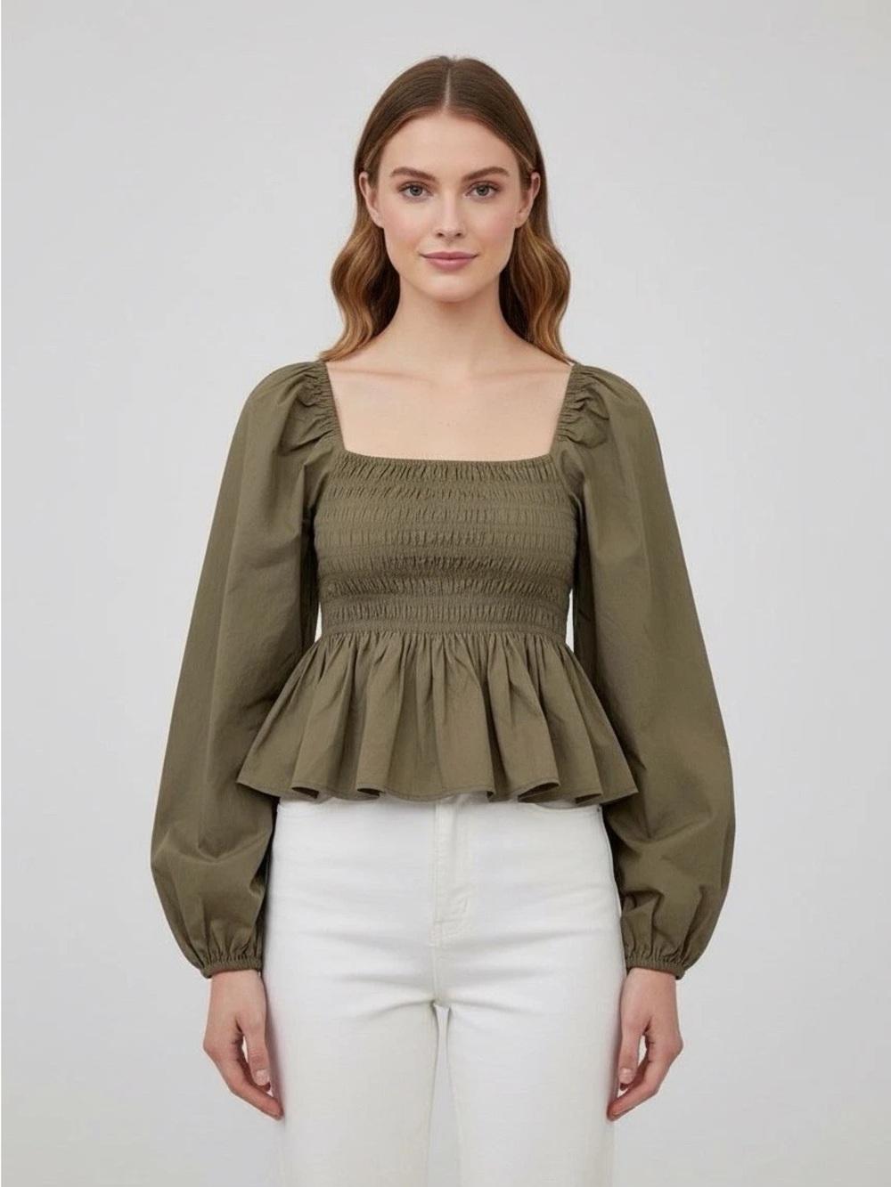 Chelsea & Violet Olive/Taupe 100% Cotton Smocked Square-Neck Peplum Top, SZ M